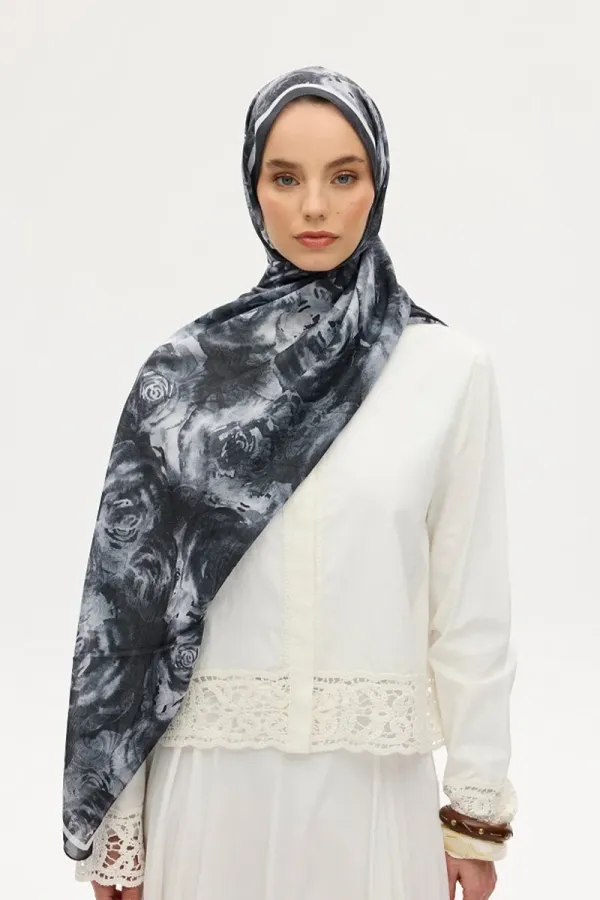 Gül Desen Soft Şal -Siyah